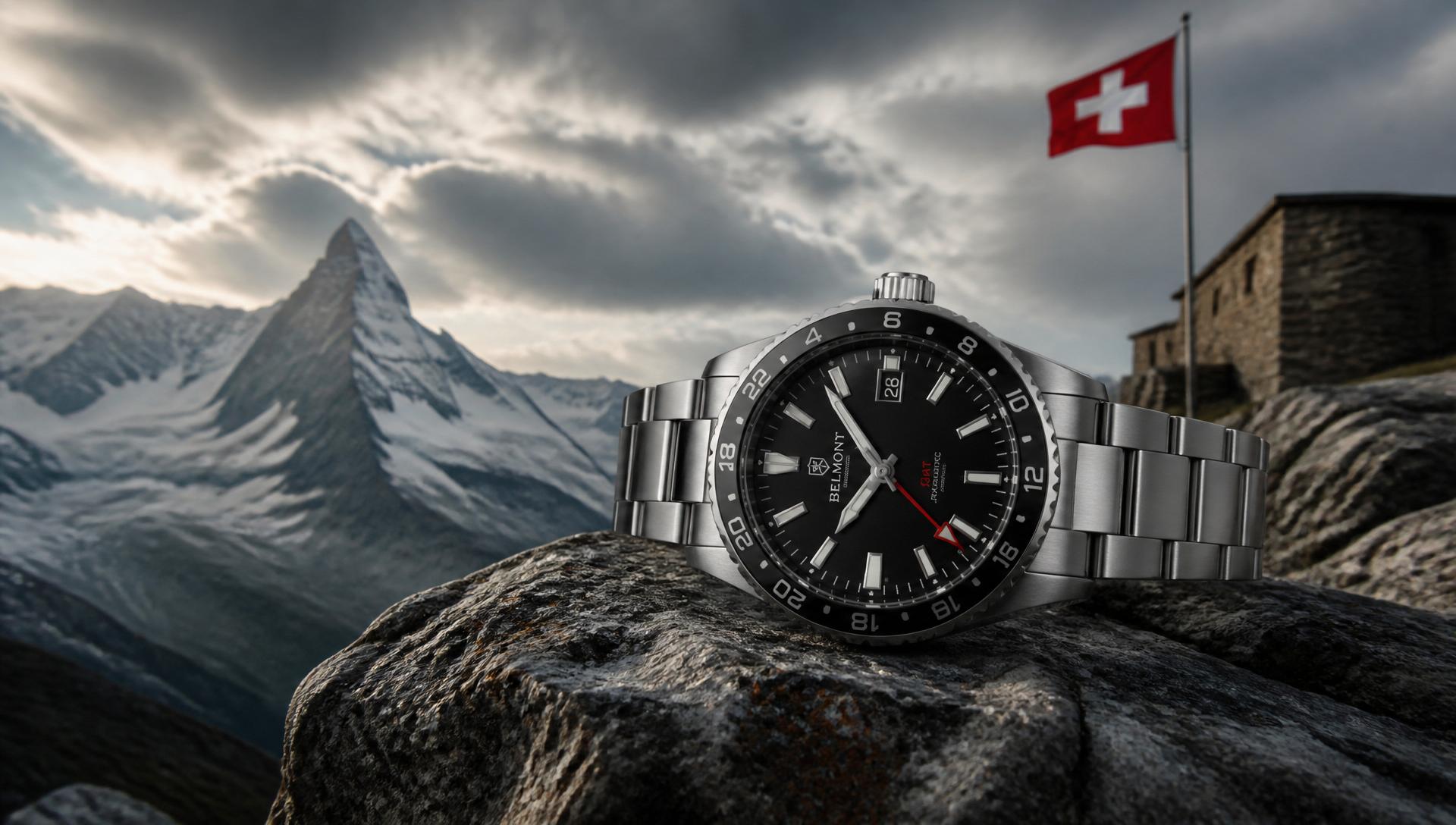 Bellmont GMT watch on a Swiss mountain summit